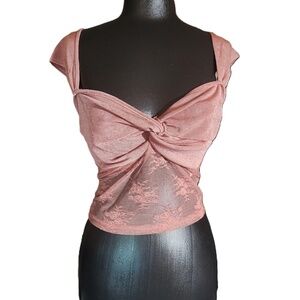 Cider Womens Pink Sheer Knot Front Crop Top XL
